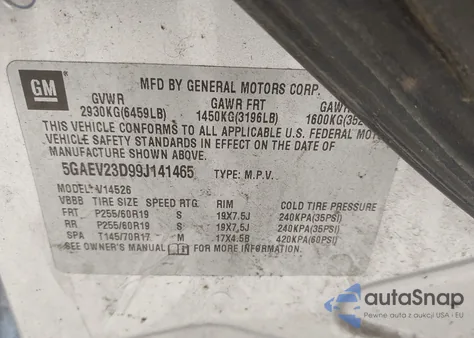 2009 Buick Enclave Cxl z USA, uszkodzony, nr VIN 5GAEV23D99J141465